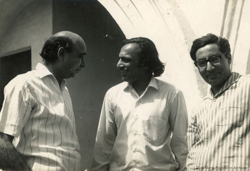 **Tyeb Mehta with Bal Chhabda and Ram Kumar, c.1960s**
Photograph of Tyeb Mehta standing together with Bal Chhabda and Ram Kumar. Inscribed with names of the three artists and 'For Mr. Mehta' on the reverse.