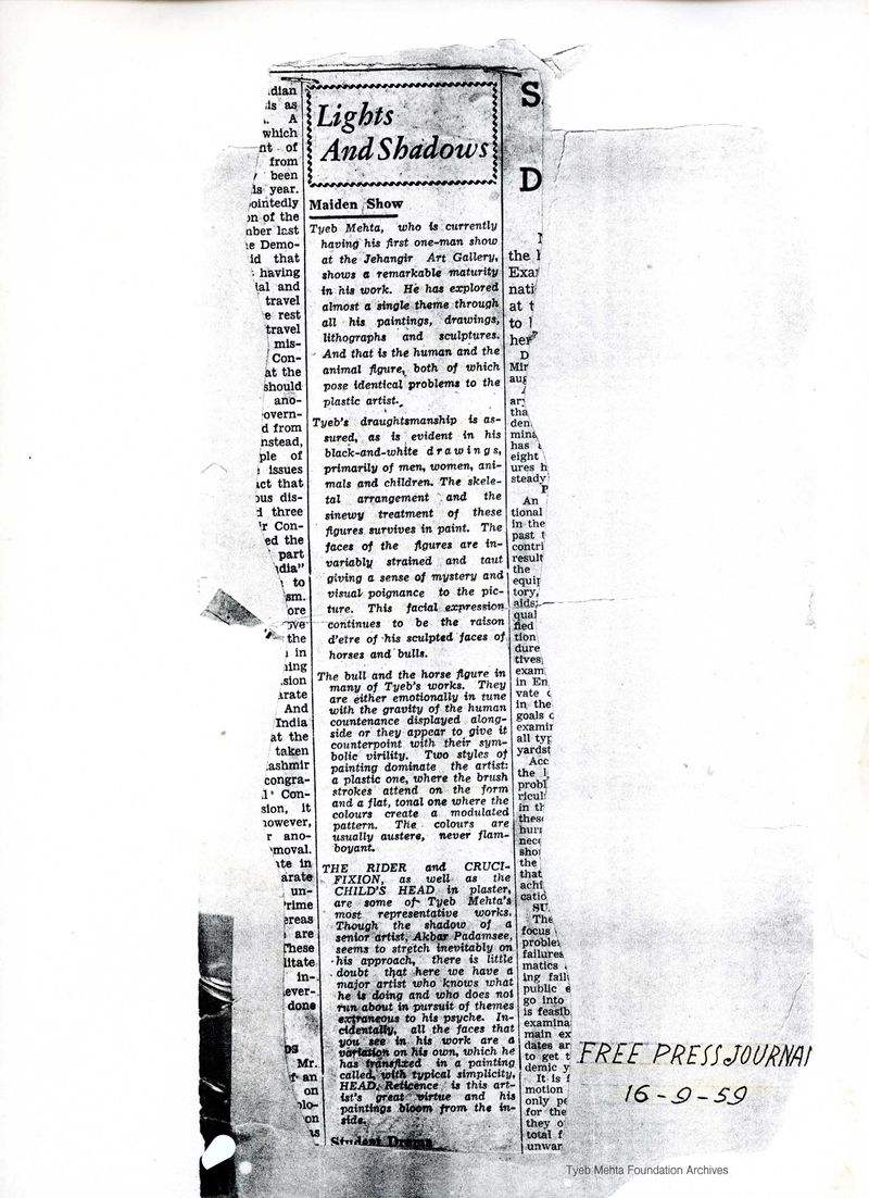 **Lights and Shadows**
Press clipping of Tyeb Mehta's solo exhibition at Jehangir Gallery, Bombay, in September 1959.