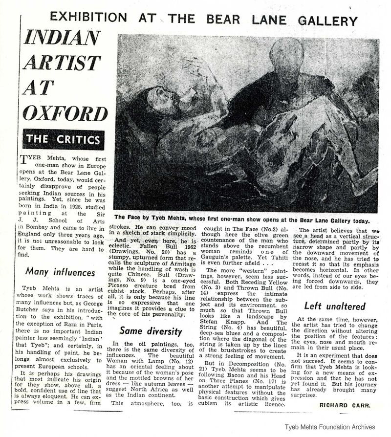 **Indian Artist at Oxford**
Press clipping of Tyeb Mehta's solo exhibition at Bear Lane Gallery, Oxford, in 1962.